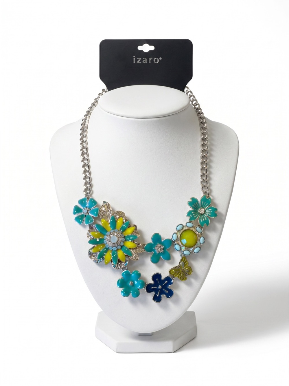 Turquoise Flowers & Butterfly
Silver Chain Bib Necklace with Enamel Izaro